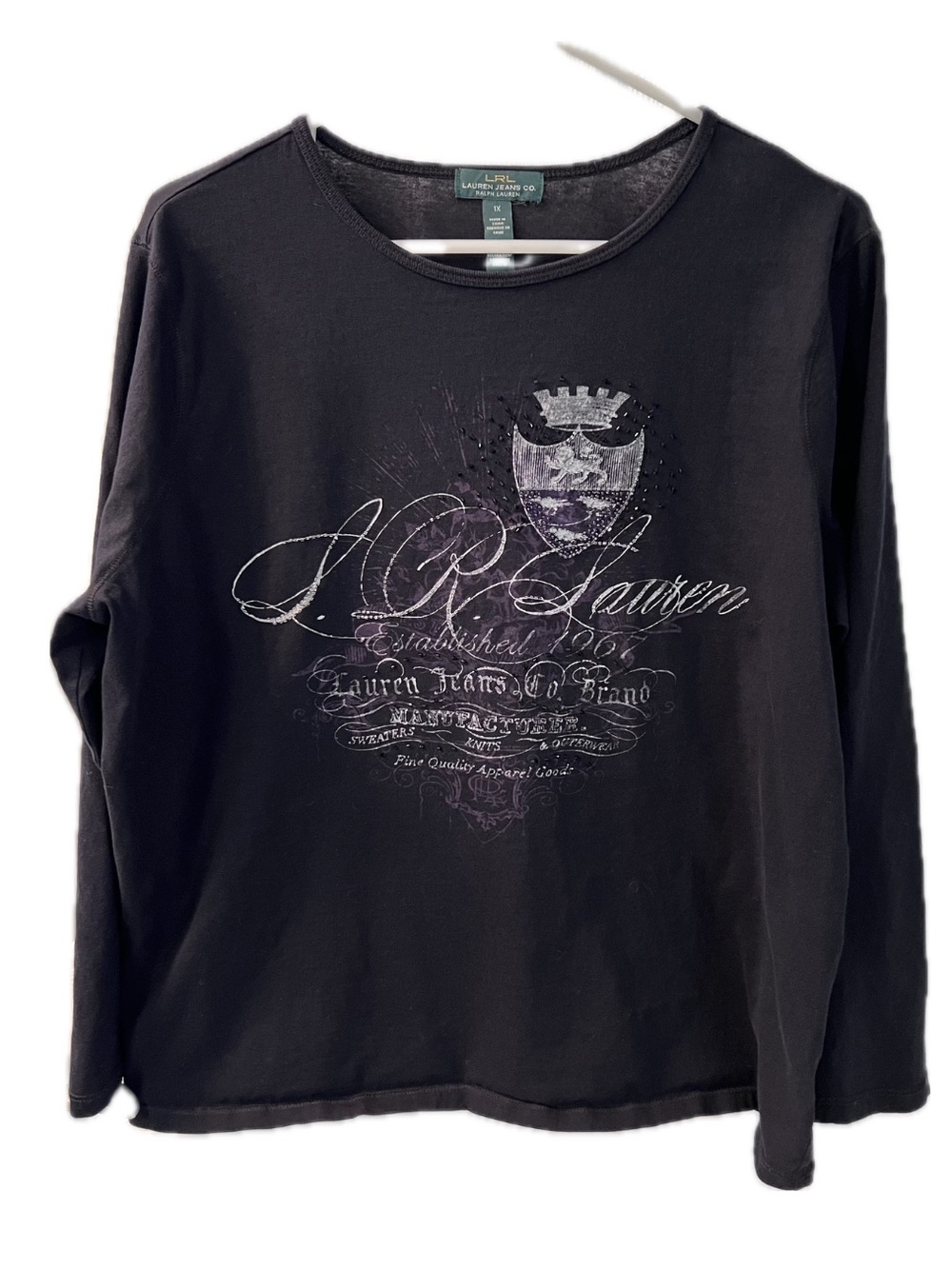 Ralph Lauren LRL Black Crewneck Long Sleeve Embellished Tee